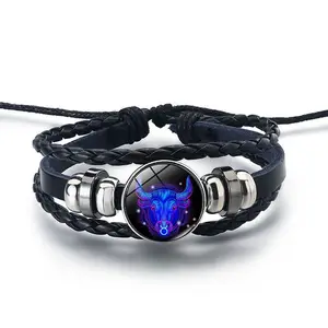 G1360 Horoscope Corde en cuir tressé Bracelet lumineux Bijoux Glow In The Dark Astrologie Bracelets chinois 12 signes du zodiaque
