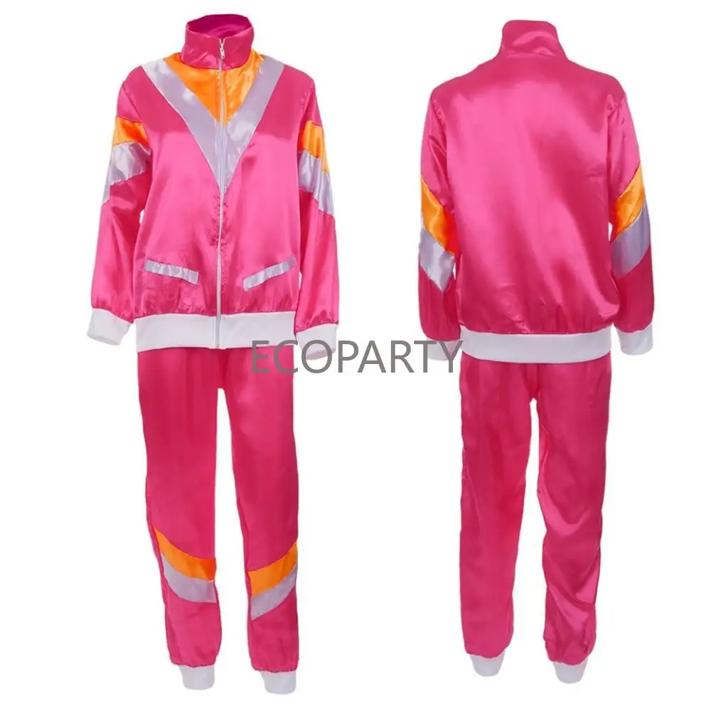LADIES HALLOWEEN PINK Disco Tracksuit SHELL SUIT 80S FANCY DRESS COSTUME HEN PARTY ecoparty