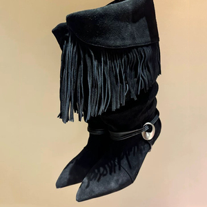 Turn Over Piled Pleated Ankle <b>Boots</b> Low Spike Heels Women Tassel Fringe Shoes Retro Styles Pointy Toe Suede Short Booties - Product Image 3