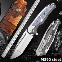 M390 Staal Tactisch Vouwzakmes Titanium Legering Stonewashed Lemmet Lederen Schede Buitenactiviteiten Kamperen EDC 20,5cm Totale Lengte