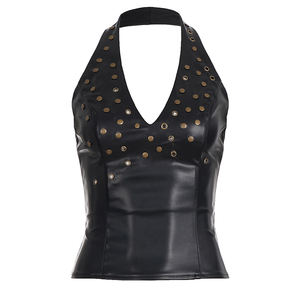 Top Halter Sexy de Cuero PU para Mujer con Tachuelas y Cremallera Trasera, Cuello en V, Ajuste Delgado, Estilo Gótico para Fiesta y Ropa Urbana - Product Image 6