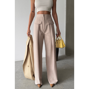 Pantalones de Mujer Color Beige, Cierre con Pliegues Anchos, Detalle de Solapa con Bolsillo, Cintura Elástica Transpirable, Talla XL - Product Image 5