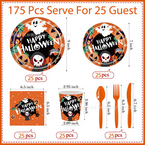 Halloween <b>Disposable</b> Tableware Party Kit Paper <b>Plates</b> Cups Napkins Cutlery Set Orange Ghost Pumpkin Design - Product Image 2