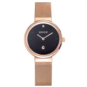 GUOU6002ファッション高品質レディース腕時計高品質ファッショナブルなステンレススチール防水クォーツ時計Relojes