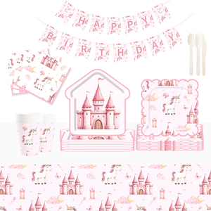 Juego de Vajilla Desechable DAMAI Unicornio para Fiestas de Cumpleaños de Niñas, Platos, Vasos y Servilletas de Papel con Diseño de Castillo Rosa y Unicornio, Artículos para Fiestas - Product Image 1