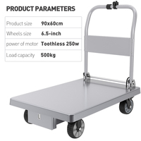 Chariot électrique à plateau plat industriel personnalisable OEM à quatre roues, capacité de charge élevée 500 kg, chariot de transport d'entrepôt en acier, moteur 800W