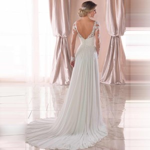 S0571N Nuevo <span class=keywords><strong>Vestido</strong></span> <span class=keywords><strong>de</strong></span> <span class=keywords><strong>Novia</strong></span> <span class=keywords><strong>de</strong></span> Verano con Escote en V, Estilo Bohemio, <span class=keywords><strong>de</strong></span> Gasa, Largo hasta el Suelo, Natural, para <span class=keywords><strong>Playa</strong></span>, con Manga Larga Ilusión y Apliques <span class=keywords><strong>de</strong></span> Encaje - Product Image 4
