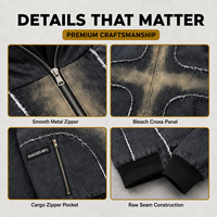 Blouson en jean à capuche personnalisé 480 GSM pour homme, délavage blanchi, coutures brutes, patchwork effiloché, poches cargo zippées, coupe courte, OEM ODM Marque Privée