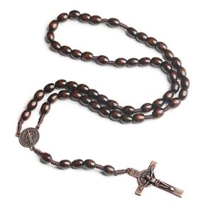 Collier Chapelet Catholique en Bois avec Perles 8*10mm, Croix de Jésus, Bijou de Prière, Cadeau de Pâques pour l'Église, du christianisme - Product Image 3