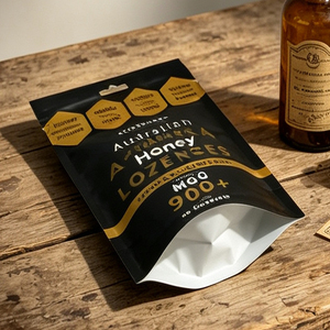 Custom Printed Black Stand Up Pouch Food Grade Zipper Bag 100g For Snack Honey Lozenges Packaging with Hole - Product Image 4