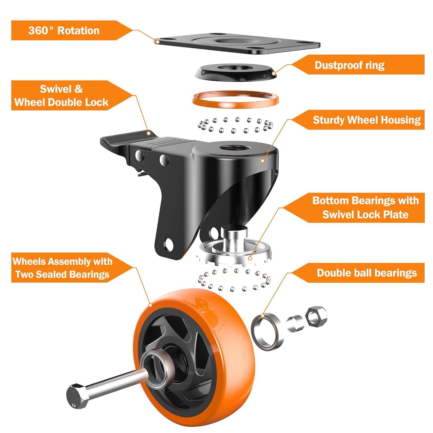 4Inch Caster Wheels Heavy Duty Casters with Brake Locking PU Casters Wheels for Furniture, Castor Wheels for Cart, Workbench