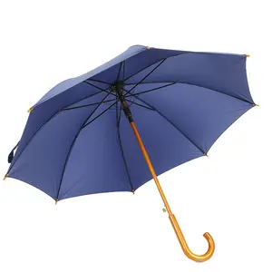 DD856 Umbrella Factory Wholesale J Wooden Handle Straight Sticks Wood Umbrella Custom Automatic Umbrella