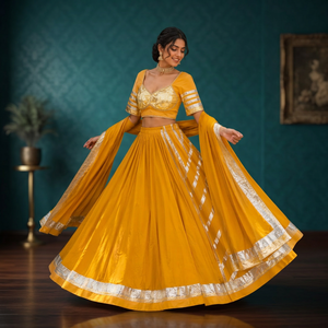 Ensemble Lehenga Choli jaune vif de créateur avec dupatta à bordure Gotta Patti argentée pour la cérémonie Haldi et les occasions festives - Product Image 3