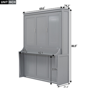 <span class=keywords><strong>Lit</strong></span> Murphy <span class=keywords><strong>mural</strong></span> gris taille Queen avec étagère latérale, meuble de chambre multifonctionnel - Product Image 3