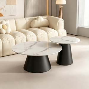 Ensemble de tables basses gigognes modernes à base ronde noire, plateau à motif marbre, style minimaliste, luxe léger, pour salon et hôtel - Product Image 3