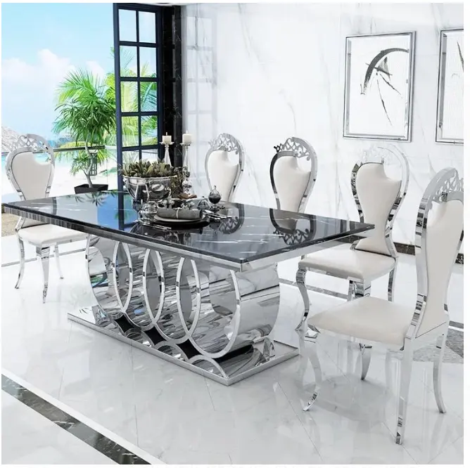 현대 가구 도매 새로운 디자인 멋진 럭셔리 대리석 탑 스테인레스 스틸 식사 테이블 의자 6 인승