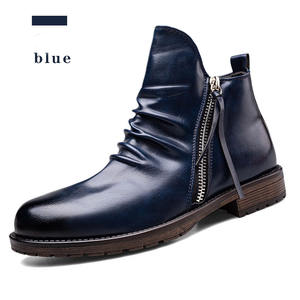 Chaussures pour hommes : Nouvelles bottes Chelsea mi-hautes en jean, style rétro européen et américain, polyvalentes, à fermeture éclair, plissées, décontractées, cool, à bout pointu, confortables - Product Image 1