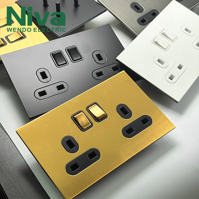 Niva Switch and Socket Double 13A 3 Pin Switched Socket Electrical UK Standard Wall Socket Stainless Steel Panel