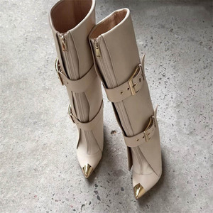 Women's Leather Multi Buckle Knee High Metallic Toe Stiletto <b>Boots</b> Sleek Fashion Ladies Shoes - Product Image 4