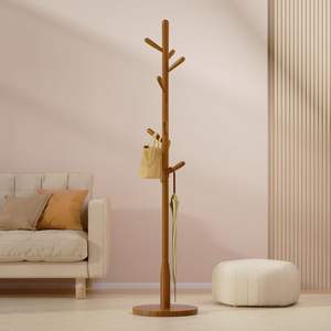 Perchero de pie de madera maciza con base redonda y 8 ganchos para abrigos, sombreros, bolsos y carteras, ideal para recibidores y pasillos. - Product Image 5