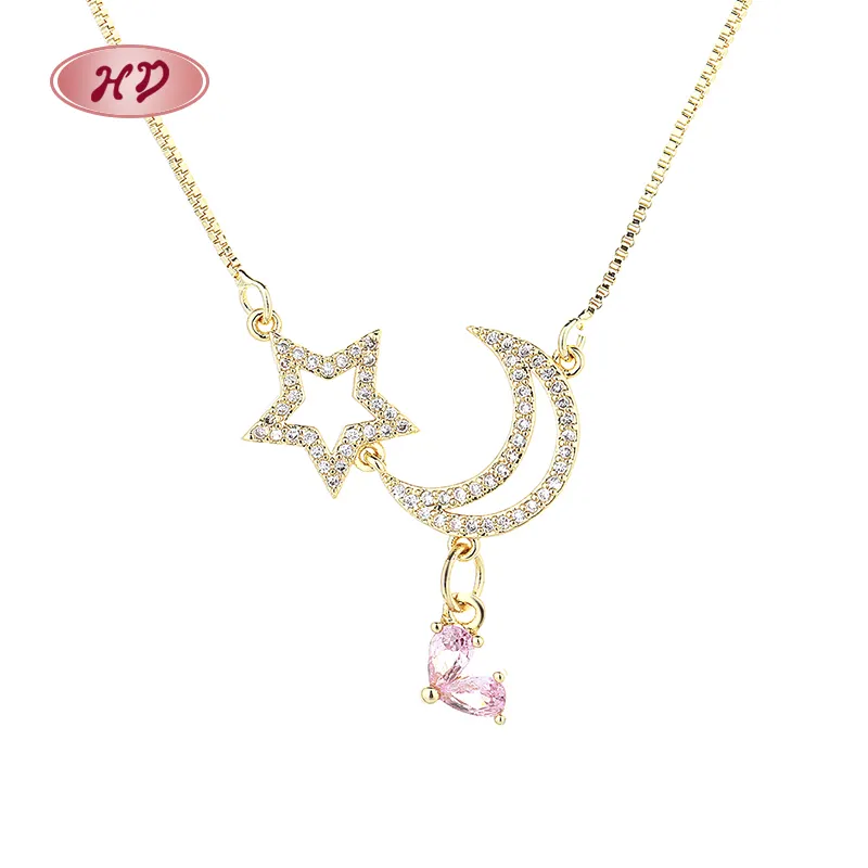 Collier pour femmes Vente en gros de bijoux en laiton rempli d'or 18 ct avec zircon cubique aa chaîne pendentifs étoile rose coeur Vente en gros