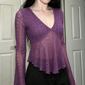 Blusa de moda para mujer, estilo bohemio, de punto de ganchillo, con cuello en V profundo, manga larga, peplum, ajuste ceñido - Product Image 5