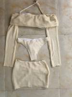 Setelan Baju Renang Wanita 3 Potong Bertekstur, Atasan Bandeau Lengan Panjang Off Shoulder, Baju Renang Brazilian, dan Rok Mini Ukuran S-XL
