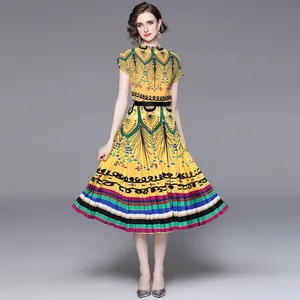 LE1357 Original Design 2023 Dressy Print Miyake Ruffle Elegant Fashion 2 Piece Set High Stretch Loose Top & Pleated Skirt Set