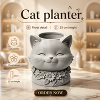 Pot de fleurs en polyrésine en forme de tête de chat souriant, 25 cm, sculpté et peint à la main, motif floral doré, ornement pour la maison et le jardin, cadeau de pendaison de crémaillère