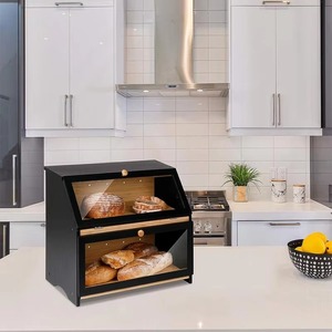 Large Capacity Double Layer Wooden Bread Storage Bin Black Kitchen Counter Canister for Bread <strong>Honey</strong> Spice <strong>Set</strong> Back School - Product Image 1