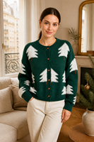 Cardigan personnalisé pour femme avec logo, en jacquard, mi-lourd, à manches longues, col rond, pour Noël, décontracté, hiver, en polyester, usine OEM & ODM