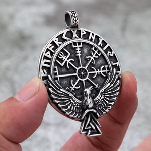 Vintage Stainless Steel Viking Rune <b>Compass</b> Pendant With Raven Wings Themed Unisex Necklace Gift For Fashion Jewelry - Product Image 1