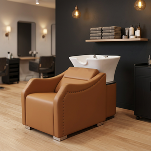 Sillón de Lavado de Cabello de Cuero PU Naranja, Unidad de Lavado para Salón, Estructura Metálica, Reclinable, con Lavabo de Cerámica - Product Image 4