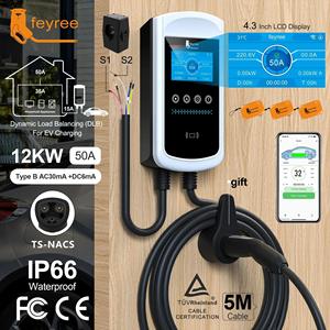 Cargador de vehículos eléctricos monofásico de pared Feyree de 12 kW, NACS 264V, estación de carga rápida inteligente DLB, ajustable a 50A con RFID - Product Image 1