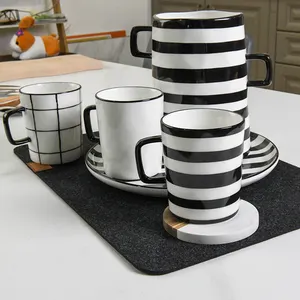 Recipiente de cerâmica para café e chá, recipiente de porcelana com listras pretas e brancas estilo nórdico simples, recipiente personalizado para armazenar alimentos