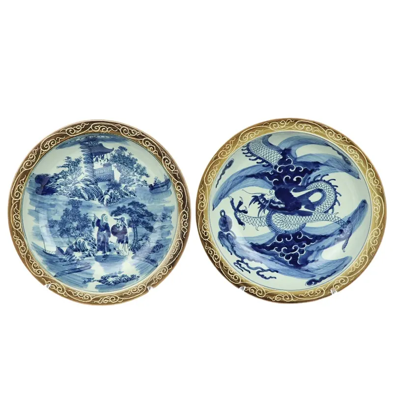 RZMW09-A/B Blue and white man dragon china plates with yellow rim