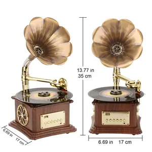Gramophone Record Player Retro Turntable All In 1 Vintage Phonograph Nostalgic For LP With Copper Horn Built-in Speaker 3.5mm