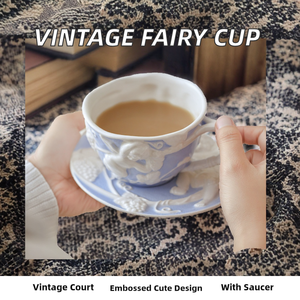 Taza de Café/Té de Cerámica Azul y Rosa con Relieve de Hadas al Estilo Europeo, Taza Vintage Británica con Plato y Bandeja, Ecológica - Product Image 2