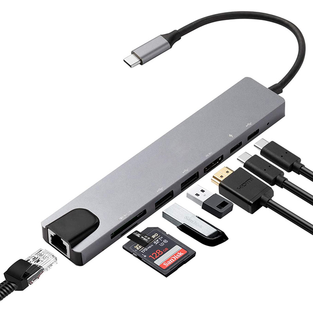 USB C 8 in 1 Type C Hub with Ethernet Port 4K HDTV USB 3.0 Ports 100W Power Delivery Charging Adapter USB Docking Station