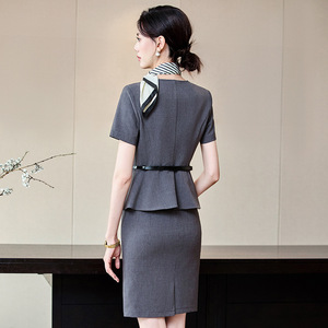 Women's Grey Suit Set Short Sleeve Formal <b>Work</b> Uniform With <b>Belt</b> And Scarf For Office Commuting - Product Image 4