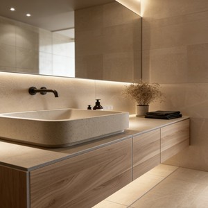 Mobile da Bagno Sospeso in <span class=keywords><strong>Legno</strong></span> |   Mobile in <span class=keywords><strong>Legno</strong></span> <span class=keywords><strong>Naturale</strong></span> + Lavandino |   Design con illuminazione a LED per bagni di piccole dimensioni - Product Image 4