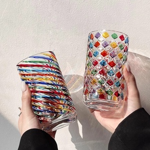 Creativo colorido rayado girasol en relieve vidrio <span class=keywords><strong>Murano</strong></span> beber jugo taza vaso apilable diamante whisky vidrio - Product Image 4