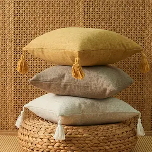 Wholesale Japanese Style Solid Throw Pillow Cover Imitation Linen Texture Woven Technique Tassels Home Sofa Cushion Cover