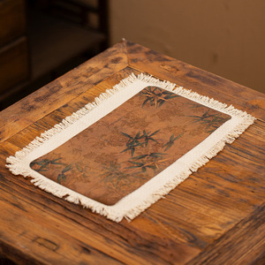 Tapete de té de brocado de lino y algodón con borde de borlas, 30x45cm, lavable, aislante del calor, para ceremonia del té - Product Image 1
