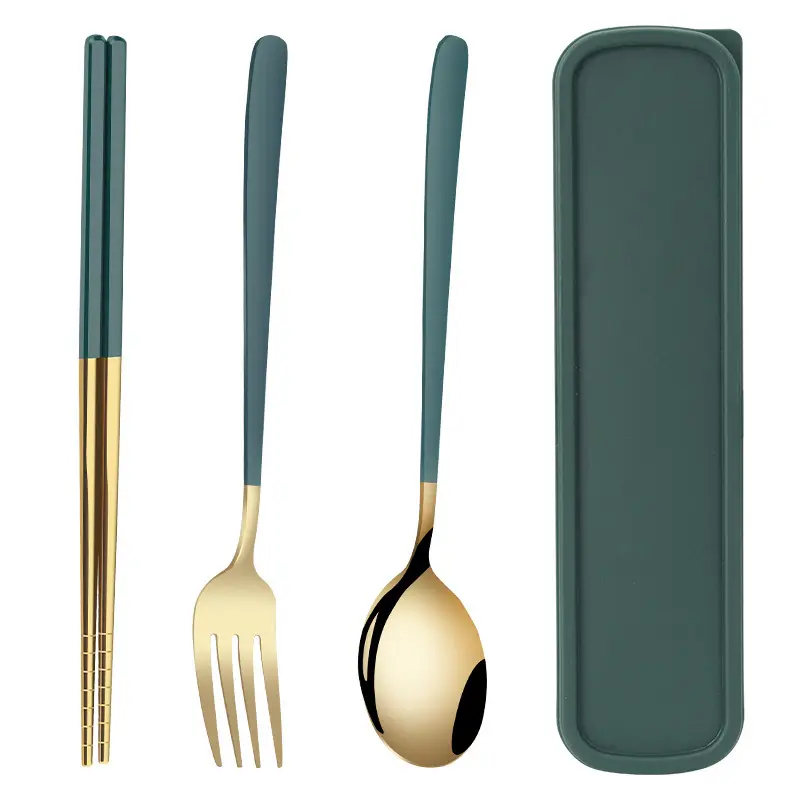Peralatan makan portabel 304 sendok garpu Korea, sendok garpu sumpit perjalanan luar ruangan 3 buah hadiah alat makan Set alat makan