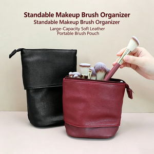 Petite trousse de maquillage de voyage rouge, imperméable, en cuir durable, avec fermeture éclair, organiseur de cosmétiques, pochette de rangement portable pour pinceaux de maquillage - Product Image 2