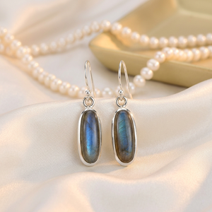 Handmade Gold Plated 925 Sterling <b>Silver</b> <b>Drop</b> <b>Earrings</b> Teardrop Black Labradorite Stone Long Oval Shape for Women Party Occasion - Product Image 2