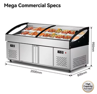 Congélateur commercial à double température de 2,0 m, 2 niveaux, avec éclairage LED, en acier inoxydable, pour supermarché et buffet
