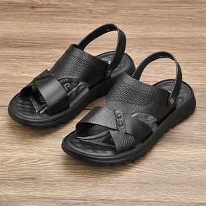 Sandales à lanières croisées pour hommes en cuir véritable, bout ouvert, semelle extérieure en caoutchouc, respirantes, chaussures décontractées d'été - Product Image 2