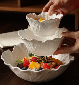 Custom Logo White Ceramic Cabbage Leaf Bowl <b>Set</b> Stackable Embossed Vegetable Shape <b>Serving</b> Bowls For Hotel Restaurant Wedding - Product Image 1